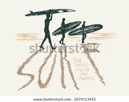 Stylized silhouette illustration of a group of surfers on the beach.