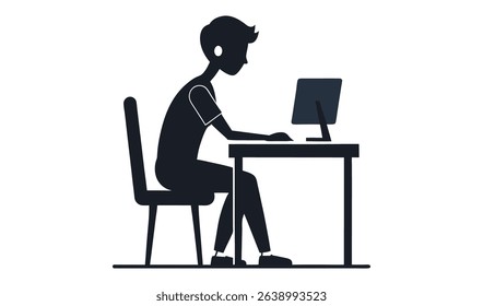 Stylized silhouette illustration of a man at a desk, working at a computer. The figure is seated in a chair, and the whole scene is presented against a clean white background.