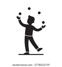 A stylized silhouette illustration of a person dynamically juggling five balls with both hands. The figure is depicted in a mid-motion pose, wearing casual clothing including a long-sleeve top and pan.