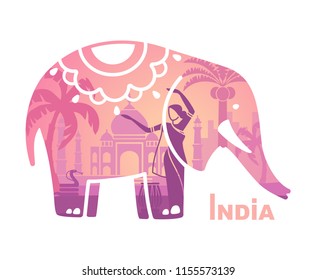 Stylized silhouette of the Indian elephant with the symbols of India. Vector illustration