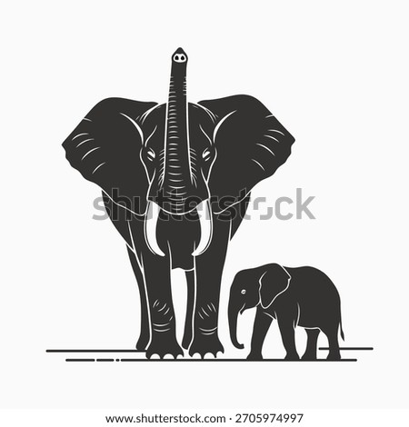 A stylized silhouette of a large elephant with its trunk raised high, standing next to a much smaller elephant calf.