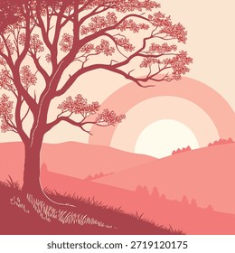 Silueta estilizada de un árbol Grande contra una puesta de sol degradada y la salida del sol de Rolling Hills
