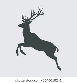 A stylized silhouette of a leaping deer, showcasing its antlers and graceful form against a muted gray background.  The image is simple yet elegant.