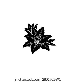 A stylized silhouette of a lily flower with multiple blooms and leaves, rendered in stark black and white.