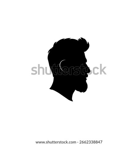 Stylized silhouette of a man in profile view with a thick beard and voluminous hairstyle. Vector illustration ideal for grooming-related designs, logos, and icons.