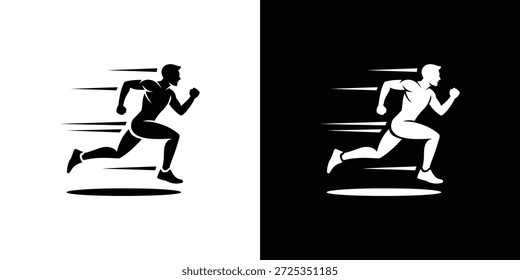 Silueta estilizada de un hombre corriendo con líneas de movimiento que transmiten velocidad. Figura negra sobre blanco, y figura blanca sobre negro.