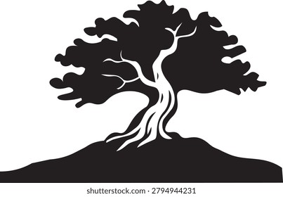 Stylized silhouette of a mature, twisted tree against a white background.