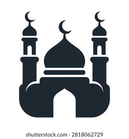 A stylized silhouette of a mosque with a central dome and two minarets, each adorned with a crescent moon, against a white background. This iconic religious building represents Islamic faith and culture.