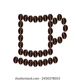 Stylized silhouette of mug with saucer from coffee beans in trendy brown in minimalist style Isolate