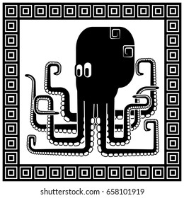 Stylized silhouette of an octopus surrounded by a frame in the Greek style