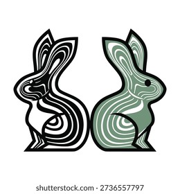 Stylized Silhouette Pair Of Black And Green Contoured Rabbit Heads Facing Opposite Directions