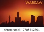  Stylized silhouette panorama of Warsaw (vector minimalism, warm orange-red tones of sunset, sunrise).