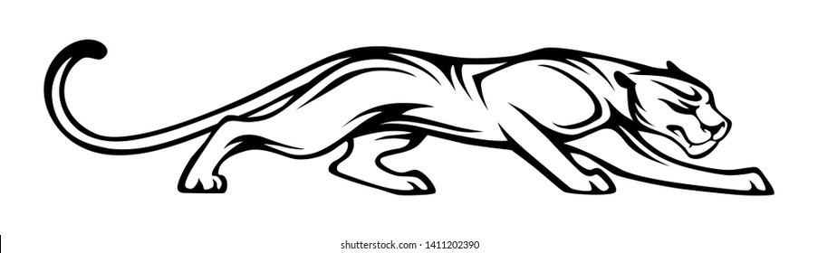 Stylized silhouette of panther. Vector animal illustration, black isolated on white background. Graphic image for tattoo, logo or mascot. Symbol of power and freedom.