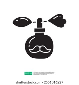 A stylized silhouette of a perfume bottle with a mustache design and a spray nozzle, suggesting fragrance and grooming.