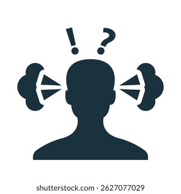 Stylized silhouette of a person with steam coming out of their ears, symbolizing anger, frustration, and confusion, with an exclamation and question mark above their head