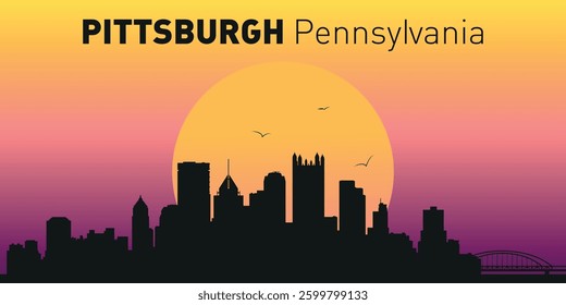 A stylized silhouette of the Pittsburg, Pennsylvania cityscape against the sunset. Urban landscape with the natural beauty of the sunset, symbolizing the harmony between the city and nature.