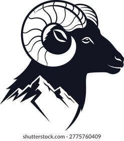 Stylized silhouette of a ram's head with large curled horns, overlaid on a mountain range. Clean vector graphic for emblems and logos.