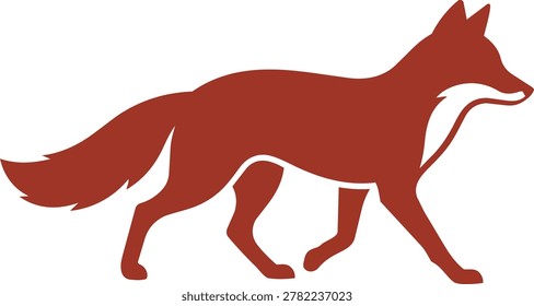 A stylized silhouette of a red fox walking, depicted in a solid dark red color against a white background.