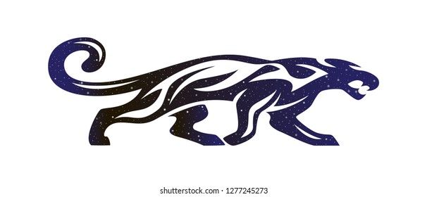 Stylized silhouette of running aggressive panther. Vector wildcat animal illustration, night sky color silhouette isolated on white background.