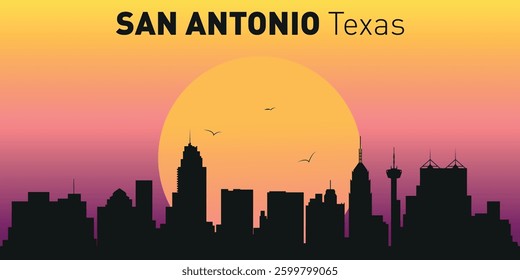 A stylized silhouette of the San Antonio, Texas cityscape against the sunset. Urban landscape with the natural beauty of the sunset, symbolizing the harmony between the city and nature.