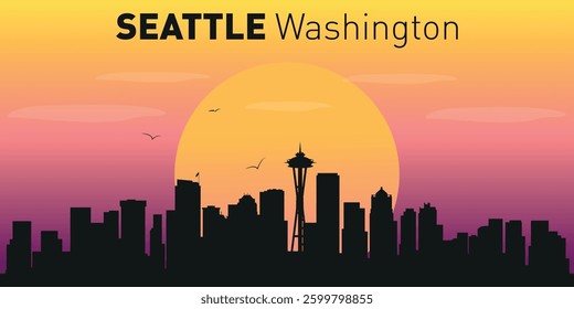 A stylized silhouette of the Seattle, Washington cityscape against the sunset. Urban landscape with the natural beauty of the sunset, symbolizing the harmony between the city and nature.