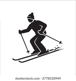 A stylized silhouette of a skier dressed in winter gear, including a beanie, actively skiing forward with ski poles. The skier is captured mid-motion on a single ski, creating a sense of speed and mov.