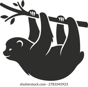 A stylized silhouette of a sloth hanging upside down from a tree branch, with a friendly expression.