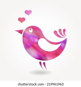 Stylized silhouette of small bird with watercolor texture
