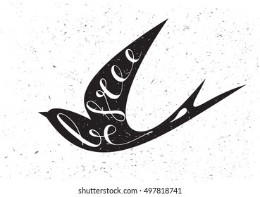 Stylized silhouette swallow on a light background with motivation quote Be free.