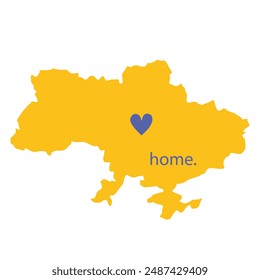 Stylized silhouette of Ukraine map in yellow color with heart shape in the middle and lettering home.