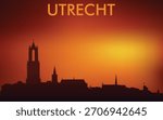 Stylized silhouette of the Utrecht skyline at sunset with a characteristic orange-red gradient in the sky.

