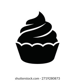 Icono de Vector de silueta estilizada de un delicioso cupcake, un dulce horneado con elegante glaseado remolinado