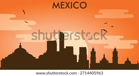  is a stylized silhouette vector illustration of the Mexico City skyline against the backdrop of the setting sun.