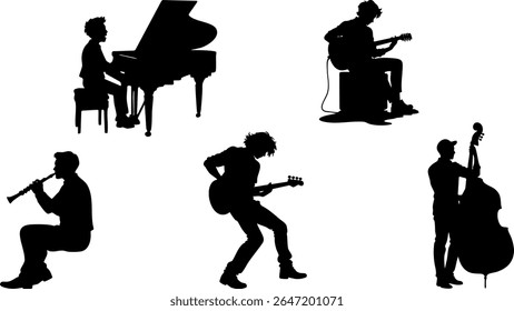 Stylized Silhouette Vector Set of Music Performers - Guitar, Piano, Wind Instruments and Concert Scenes