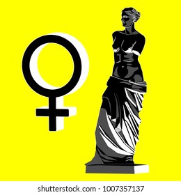 The stylized silhouette of Venus and the symbol of venus. Vector illustration on the yellow background.