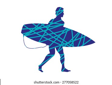 Stylized Silhouette of a Walking Surfer Isolated in White Background. Editable EPS10.