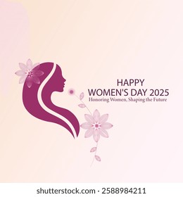 Stylized silhouette of a woman with flowing hair adorned with flowers, symbolizing grace and empowerment. Soft pink and purple tones with elegant typography for Women's Day 2025