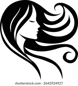 Stylized silhouette of a woman with long flowing hair in a modern vector design. Perfect for beauty, salon, hair care, or cosmetic branding.
