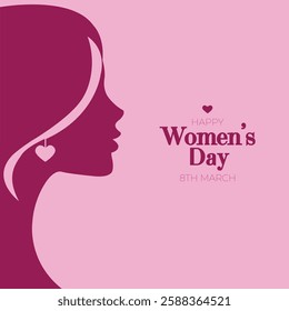 A stylized silhouette of a woman's profile, with a heart-shaped earring, set against a soft pink background.