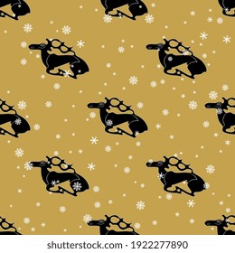 Stylized silhouetted elk or deer with antlers under snowflakes. Monochrome winter design. Scythian or Permian animal style.