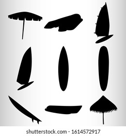 Stylized silhouettes of beach elements. Surfing, sail, beach umbrella, etc. Vector illustration.