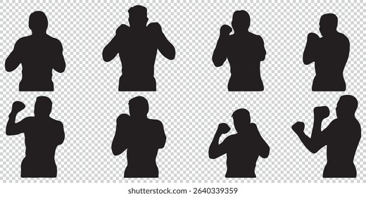  stylized silhouettes of a boxer in various poses, showcasing form, technique, and athleticism in the sport of boxing EPS 10