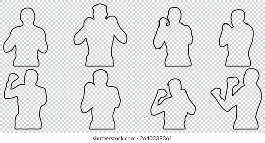  stylized silhouettes of a boxer in various poses, showcasing form, technique, and athleticism in the sport of boxing EPS 10