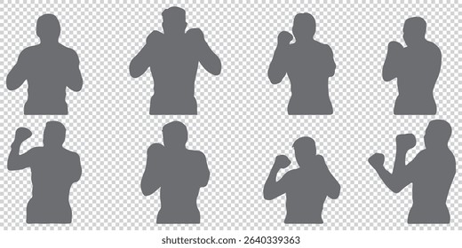 stylized silhouettes of a boxer in various poses, showcasing form, technique, and athleticism in the sport of boxing EPS 10