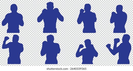  stylized silhouettes of a boxer in various poses, showcasing form, technique, and athleticism in the sport of boxing EPS 10