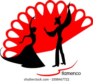 Stylized silhouettes of female and male flamenco dancers on red fan background