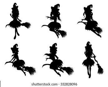 Stylized silhouettes of the Halloween witch on a broomstick.