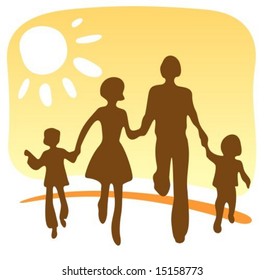 Stylized silhouettes of the happy family on a yellow background.