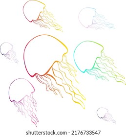 Stylized silhouettes of jellyfish. The jellyfish group is a free-floating marine animal with umbrella-shaped , dangling tentacles. Vector colorful illustrations, watercolor vector illustrations