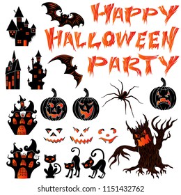 Stylized silhouettes set for happy Halloween and party isolated on the white background, black and orange vector for design postcards and posters